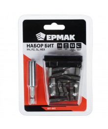 Бит набор ЕРМАК на блистере 16 предметов, магнитный адаптер 60 мм, 15 бит 25ммАлмазные диски оптом со склада в Новосибирске. Расхлодники для инструмента оптом по низкой цене.