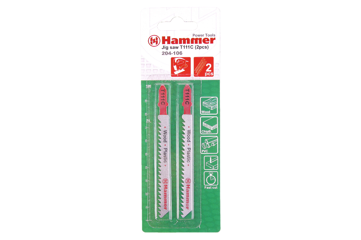 Пилки для лобзика Hammer Flex 204-106 JG WD-PL T111C  мягк.дер\пл, 74мм, шаг 3.0, HCS, 2 шт.