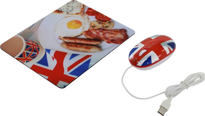 Комплект мышь+коврик CBR Breakfast,  1200 dpi, рисунок, USB, English Breakfast