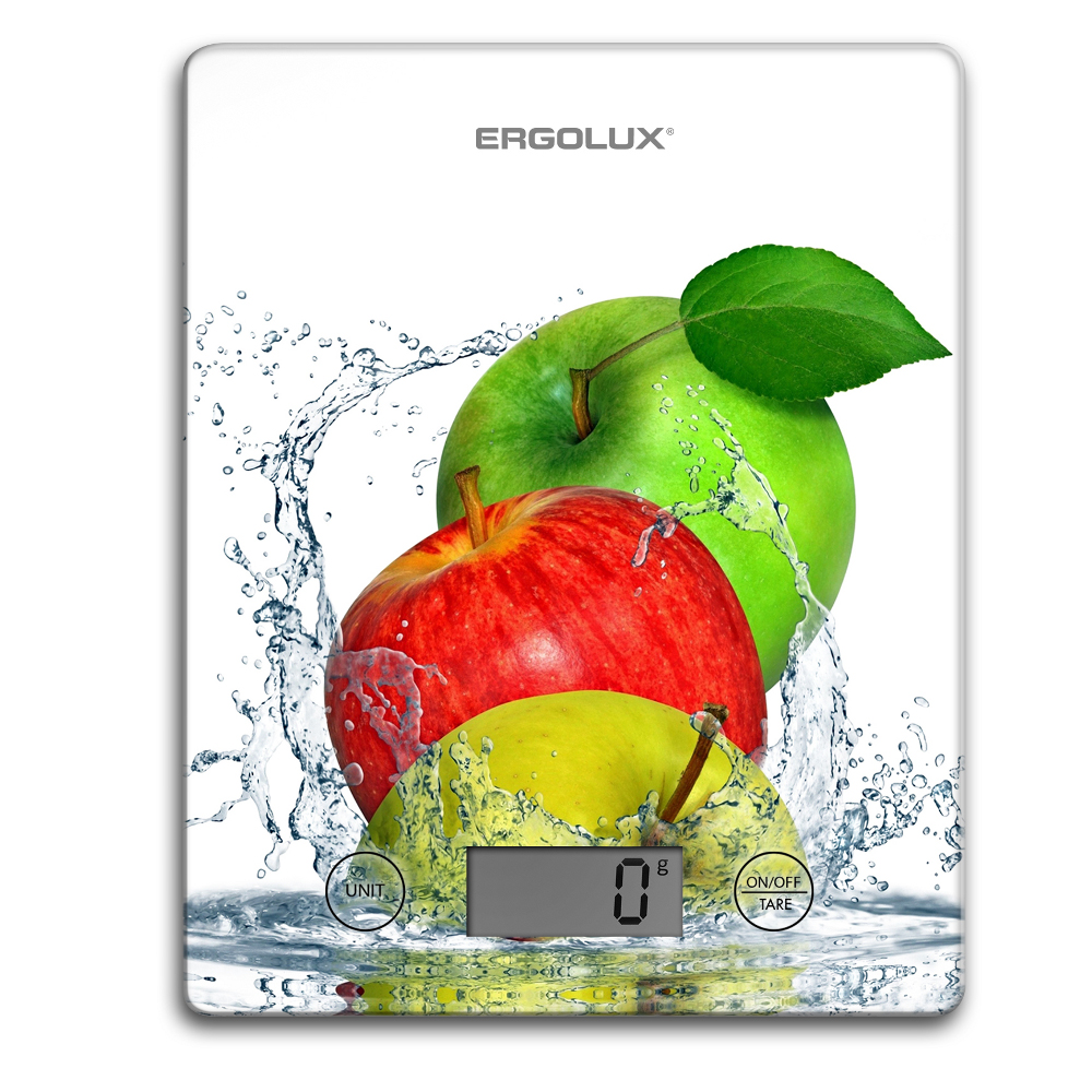 Весы кухонные ERGOLUX ELX-SK02-C01 белые,яблоки (электронные, 5кг, 195х142мм)