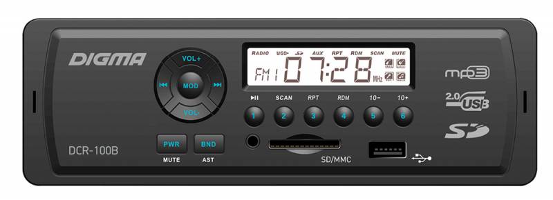 Авто магнитола  Digma DCR-100B (USB/SD/MMC/AUX MP3 4*45Вт 18FM син подсв)