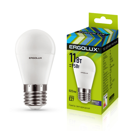 Эл. лампа светодиодная Ergolux LED-G45-11W-E27-6K (Шар 11Вт E27 6500K 172-265В, аналог Вт)