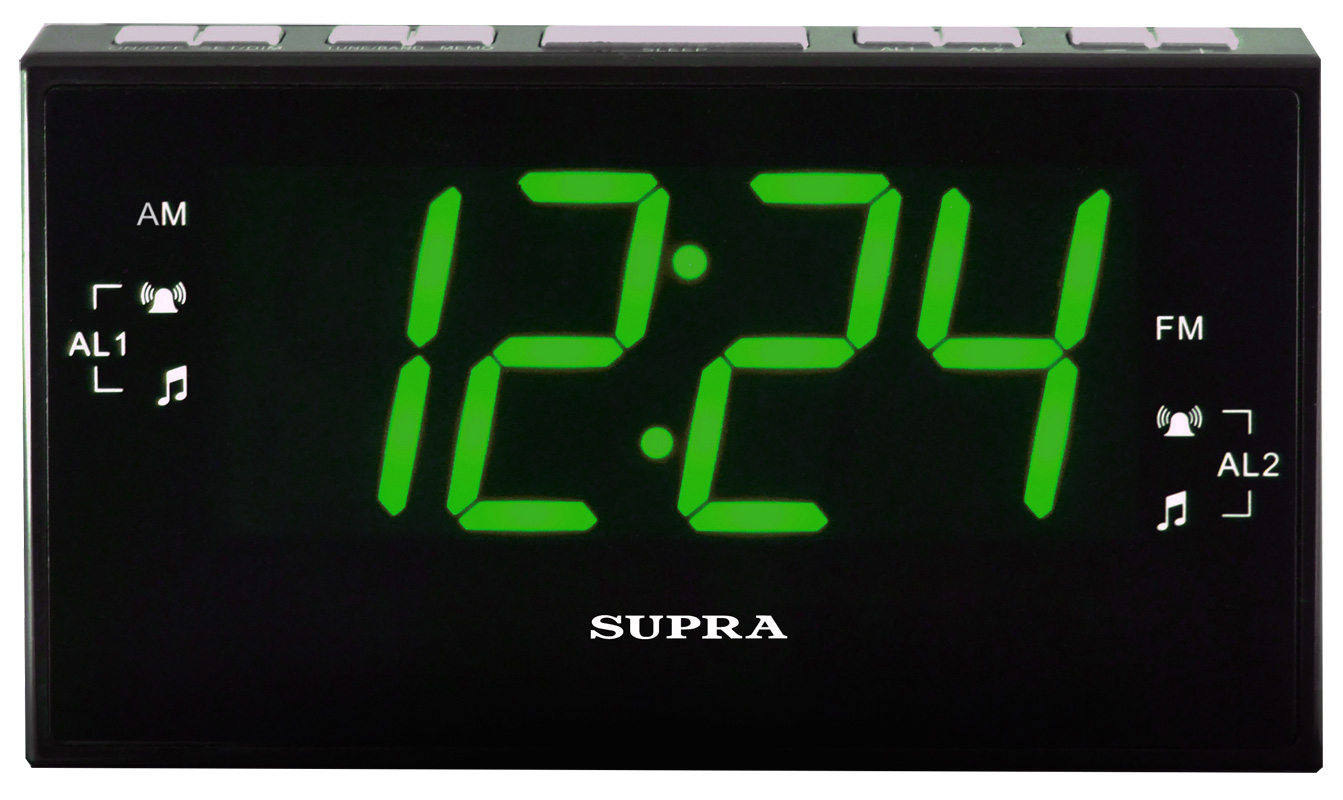 Радиочасы Supra SA-40FM черн /зелён большой дисплей 4.6см в высоту