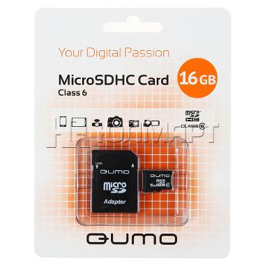 Пам.MicroSDHC,16Gb QUMO (Class 6) + переходник SD, бело-оранж картон упаковка