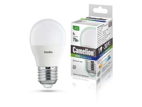 Эл. лампа светодиодная Camelion LED-G45- 8W-/865/E27(Шар 8Вт 220В, аналог 75Вт) уп.1/10/100