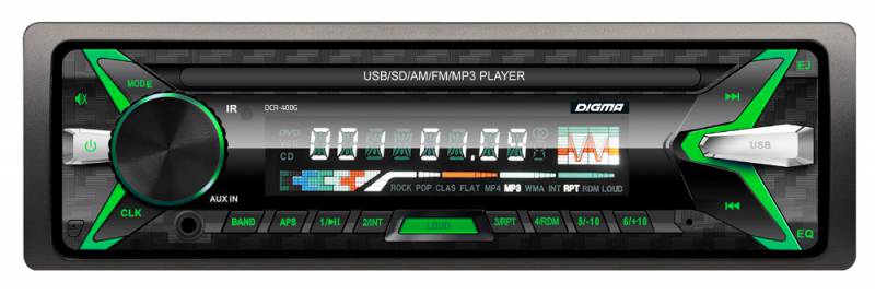 Авто магнитола  Digma DCR-400G (USB/SD/MMC/AUX MP3 4*45Вт многоцв 30FM зелёная подсв)