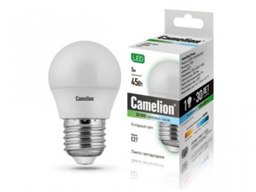 Эл. лампа светодиодная Camelion LED-G45-5W-/845/E27(Шар 5Вт 220В, аналог 45Вт) уп.1/10/100