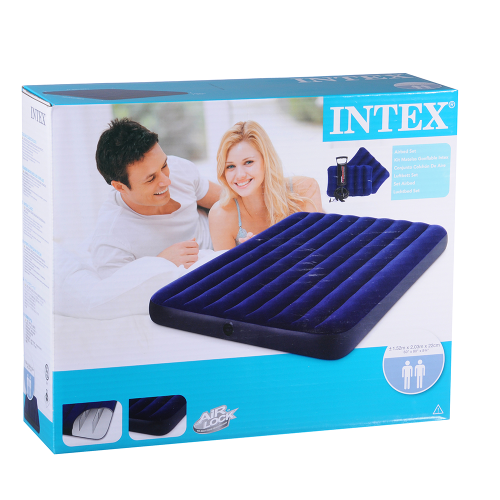 Кровать флок INTEX Classic Downy, 152x203x22см, две подушки, руч.насос, синий, 68765