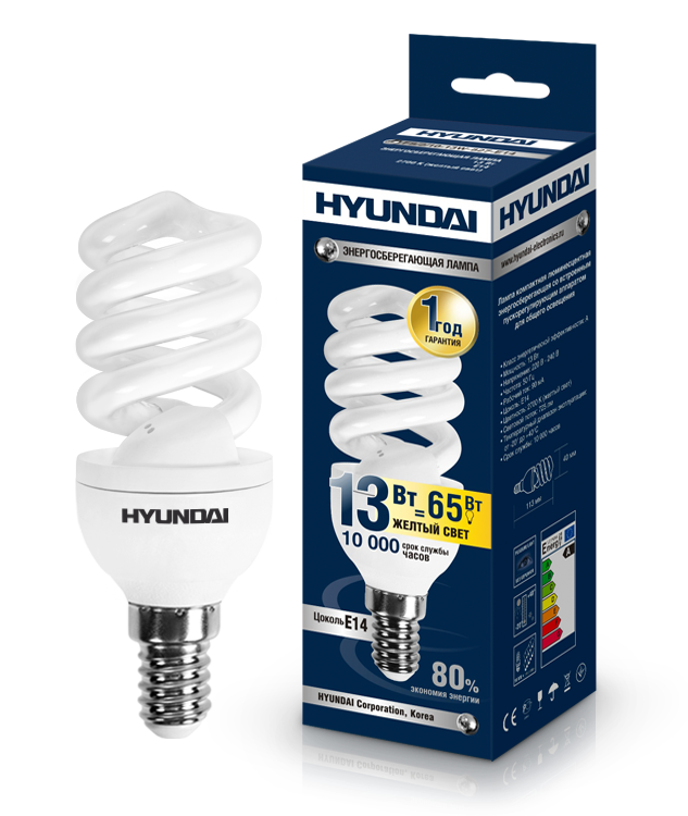 Энер лампа Hyundai FS\2\10-13W-827-E14 (Спираль T2 10000ч, Тёплый свет, 25 шт./уп.)