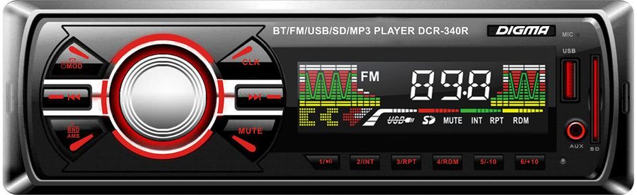 Авто магнитола  Digma DCR-340R (USB/SD/MMC/AUX MP3 4*45Вт 18FM красн подсв)