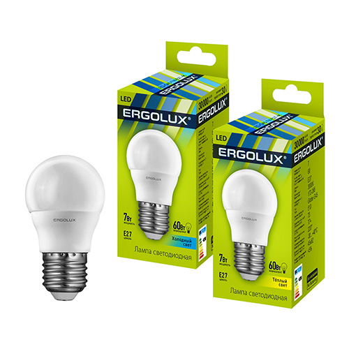 Эл. лампа светодиодная Ergolux LED-G45-7W-E27-3K (Шар 7Вт E27 3000K 172-265В, аналог 60 Вт)