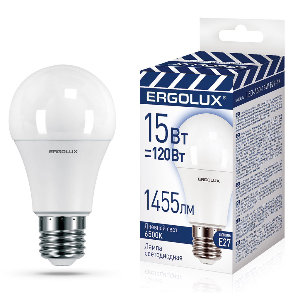Эл. лампа светодиодная Ergolux LED-A60-15W-E27-6K (ЛОН 15Вт E27 6500K 172-265В,аналог  Вт ) 10/уп