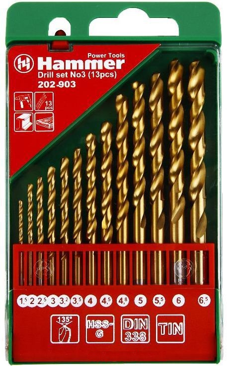 Сверл набор Hammer Flex 202-903 DR set No3 (13pcs) 1,5-6,5mm  металл, 13шт.