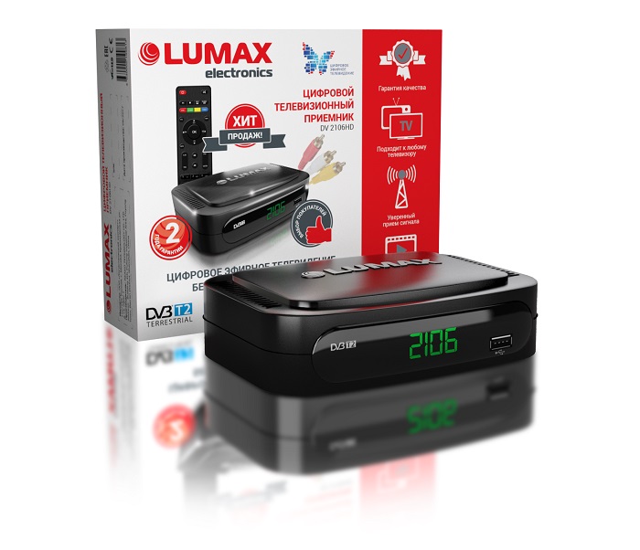 Цифровая TV приставка (DVB-T2) Lumax DV2106HD (Mstar 7T01, Пластик, 3RCA, дисплей)