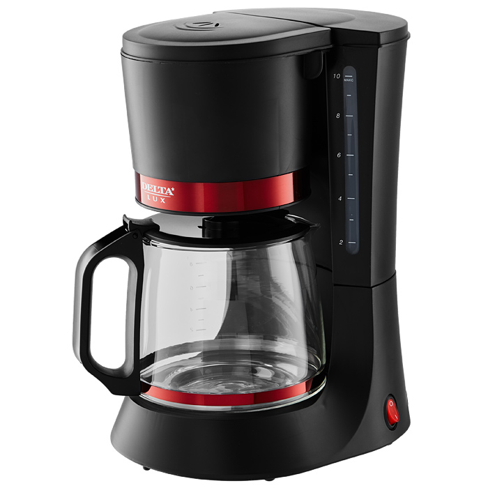 Кофеварка DELTA LUX DL-8152 черная с красным :700 Вт, 1200 мл (10 чашек), антипролив (Россия)(6)