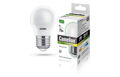 Эл. лампа светодиодная Camelion LED-G45- 8W-/830/E27(Шар 8Вт 220В, аналог 75Вт) уп.1/10/100