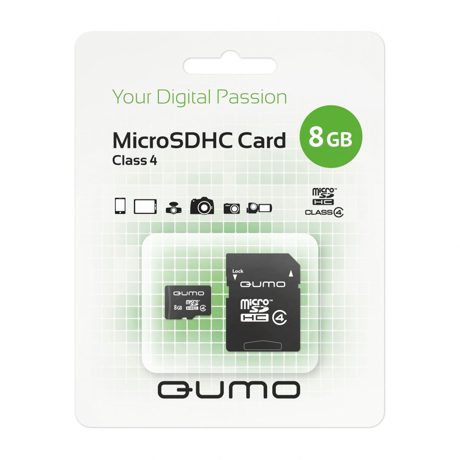 Пам.MicroSDHC, 8Gb QUMO (Class  4) с адаптером SD, бело-зеленая картонная упаковка