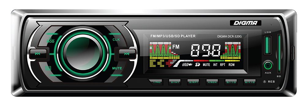 Авто магнитола  Digma DCR-320G (USB/SD/MMC/AUX MP3 4*45Вт 18FM зел подсв)