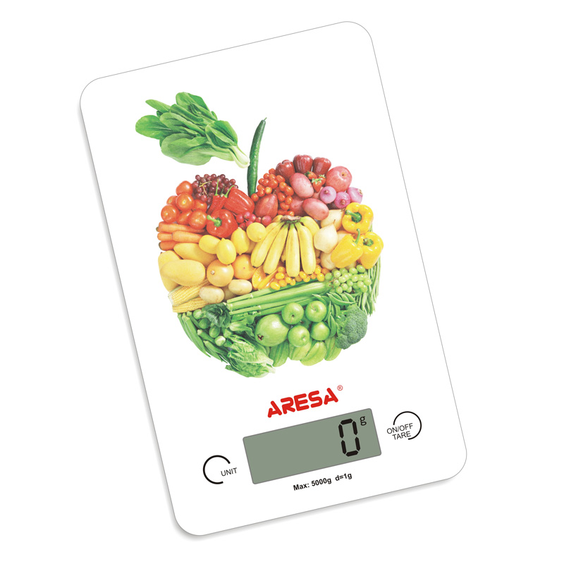 Весы кухонные ARESA SK-409 "Яблоко-фрукты"  (5 кг/1г, электронные, слим, стекло, LCD дисплей) 12/уп