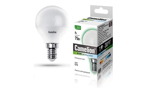 Эл. лампа светодиодная Camelion LED-G45- 8W-/845/E14(Шар 8Вт 220В, аналог 75Вт) уп.1/10/100