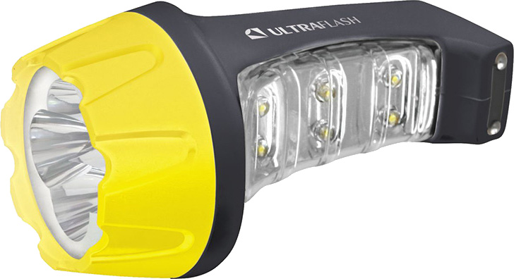 Фонарь  Ultra Flash  3804MS (фонарь аккум, 220В,черн/желт.  4+6 LED, 2режима,SLA  пластик, коробка)