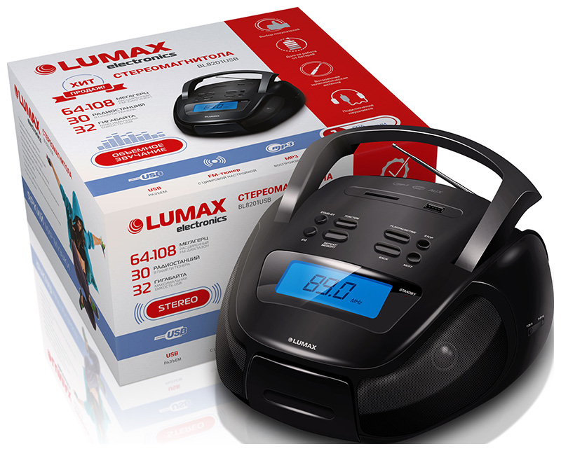 Магнитола LUMAX BL8201USB черный (USB/AUX, MP3, ЖКИ, цифр 30*УКВ+ FM, 1,5*2Вт, 220/6*LR14)