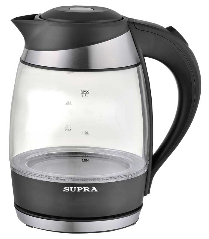 Чайник Supra KES-2009 чёрн (СТЕКЛЯННАЯ колба 2л, неон подсветка,  дисковый нагреватель, фильтр)