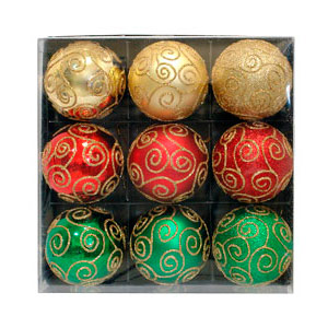 Шары с рисунком PBD6-9-938, 6 см,9 шт в карт коробке + ПВХ крышка ,красный+зелёный+золото
