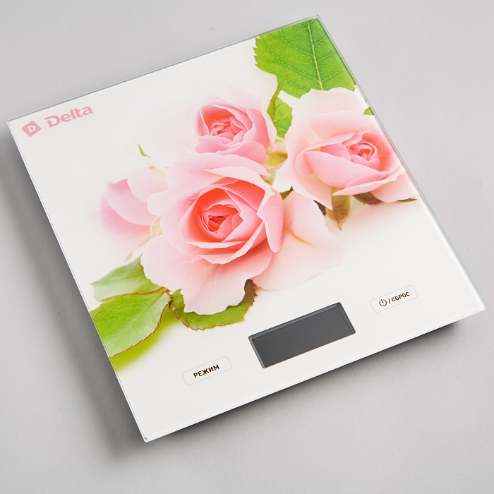 Весы кухонные DELTA KCE-56 "Розовые розочки"  (5 кг,электронные, стекло, LCD дисплей) 12/уп