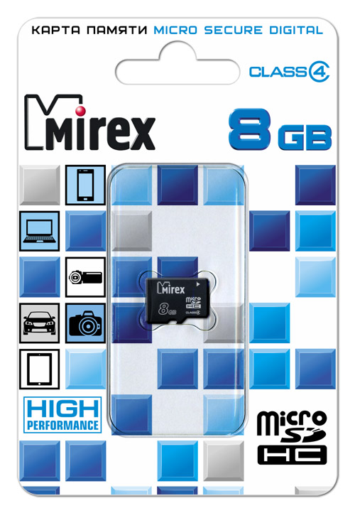 Пам.MicroSDHC, 8Gb Mirex (Class 4) без переходника