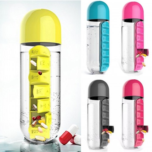 пластиковая бутылка-органайзер для воды с таблетницей-отсеком для таблеток/витамин PillBox (600 мл)