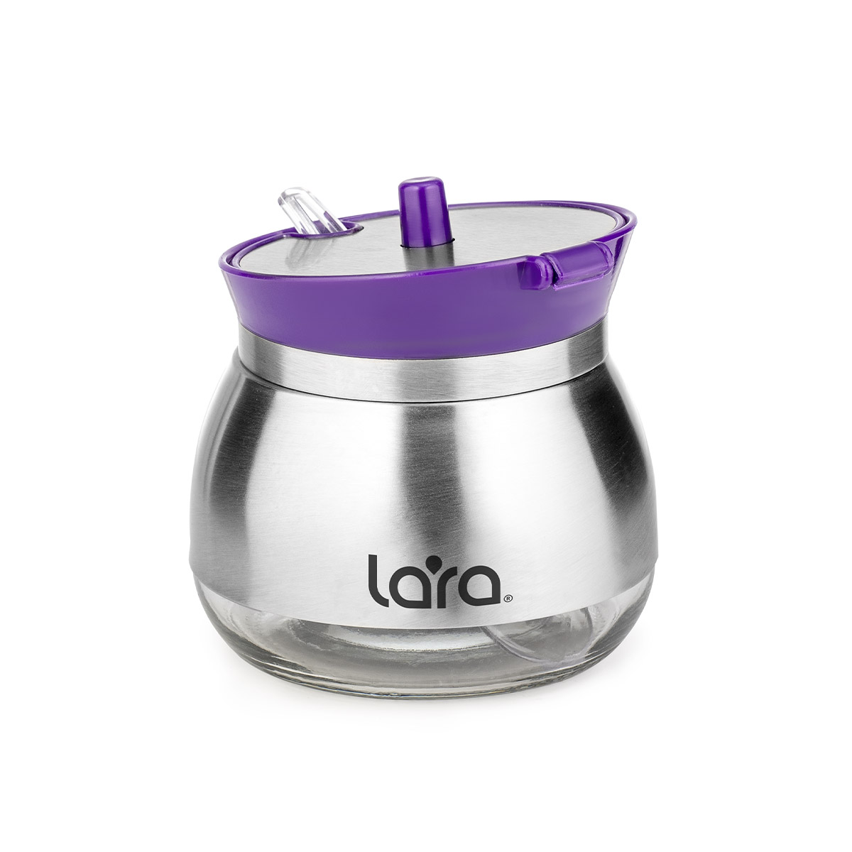Сахарница LARA LR08-34 Violet с дозатором (фиолет) 300мл, ЛОЖЕЧКА В ПОДАРОК, стекло, сталь