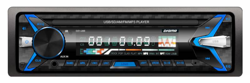 Авто магнитола  Digma DCR-400B (USB/SD/MMC/AUX MP3 4*45Вт многоцв 30FM синяя подсв)