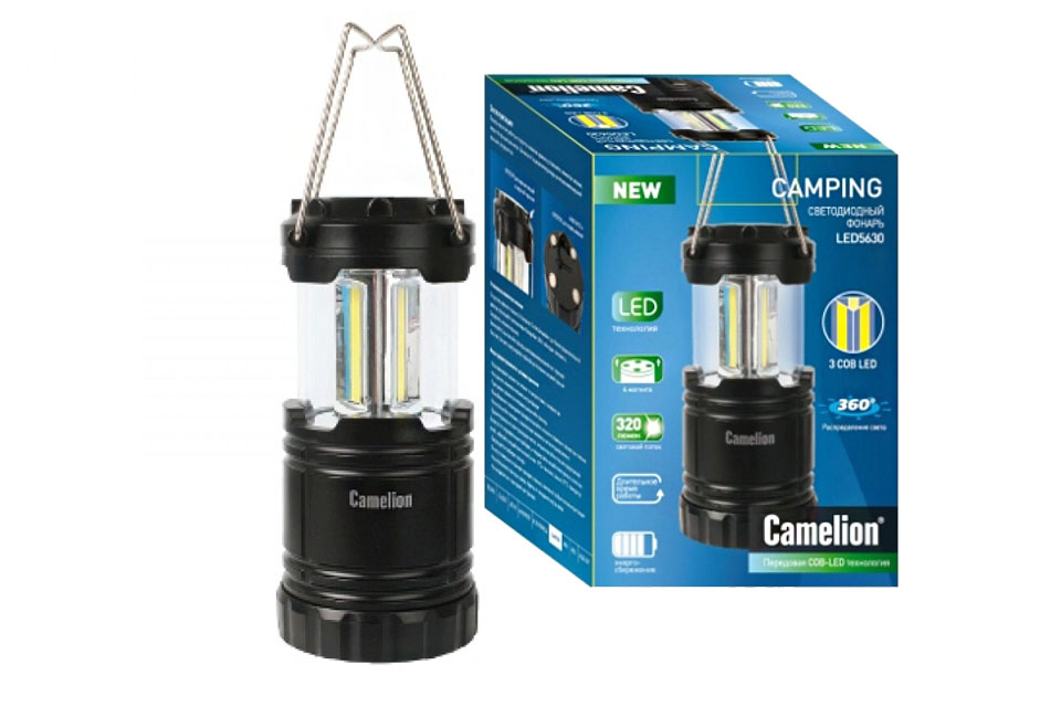 Фонарь  Camelion LED 5630 (фонарь для кемпинга, 3XR6, черный,3X COB LED, магнит, подвес. пласт кор)