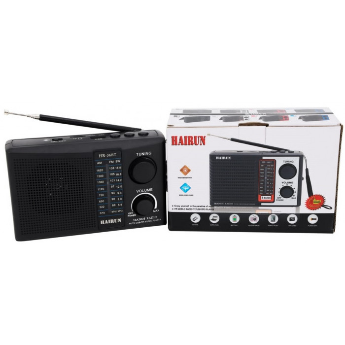 радиоприемник HAIRUN HR-36BT  Bluetooth+USB+SD+фонарик+аккумулятор 18650