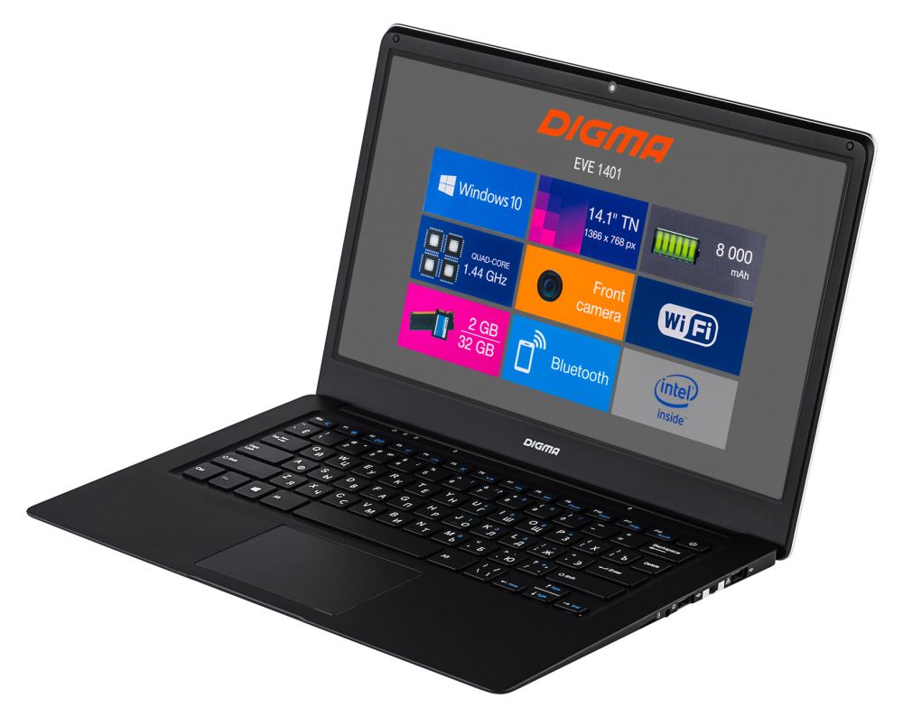 Ноутбук Digma EVE 1401 Atom X5 Z8350 2Gb SSD32Gb 400 14.1" TN HD W10HML64 black/silver WiFi BT Cam