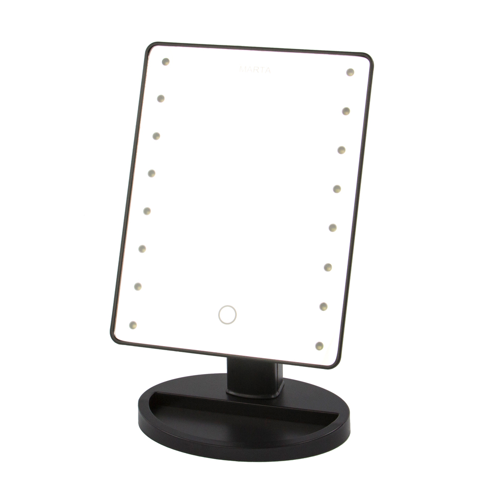 Зеркало настольное MARTA MT-2654 чёрный жемчуг (плавная подсв 16 LED, наклон, от бат 4*R6) 12/