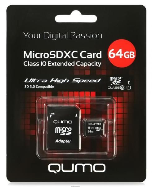 Пам.MicroSDXC, 64Gb QUMO Pro seria 3,0 (Class 10 UHS-I ,3.0 сверхскор) 90/45 МБ/с UHS-I U3, адаптер