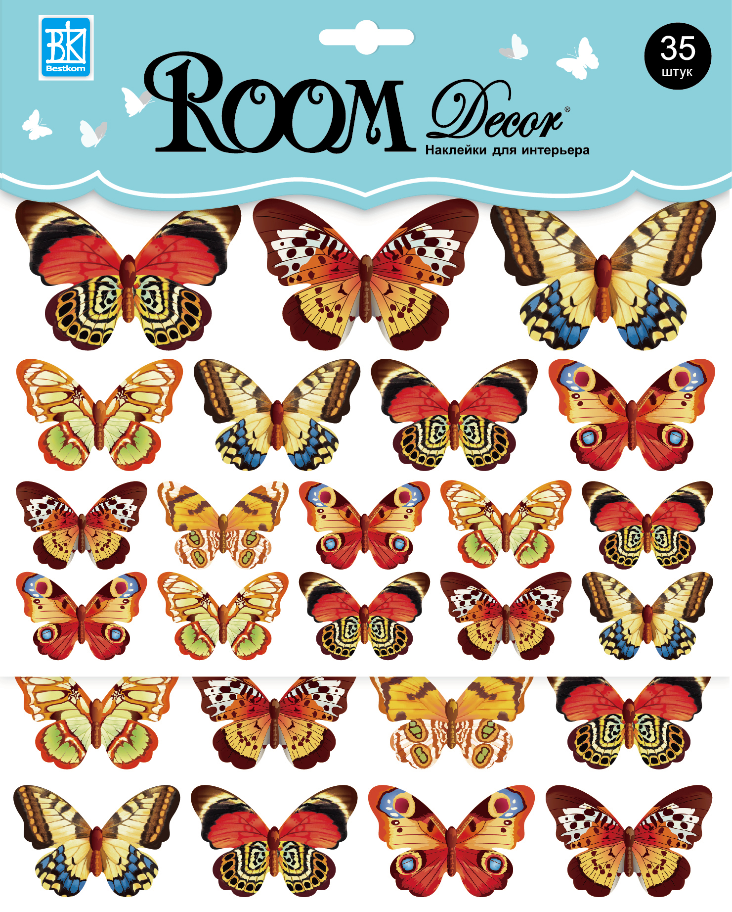 Наклейка   RKA 3303 Бабочки разноцветные, 2 листа, голограмма,р-р 25 х 25 см, ПВХ, 3D/уп.12/