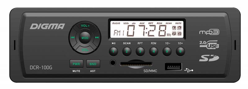 Авто магнитола  Digma DCR-100G (USB/SD/MMC/AUX MP3 4*45Вт 18FM син подсв)