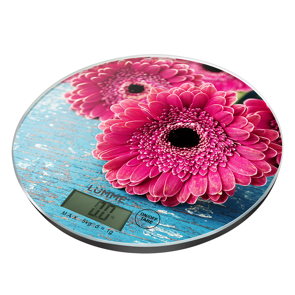 Весы кухонные LUMME LU-1341 розовая гербера (круглые, электронные, термометр 5 кг/1г) 12/уп