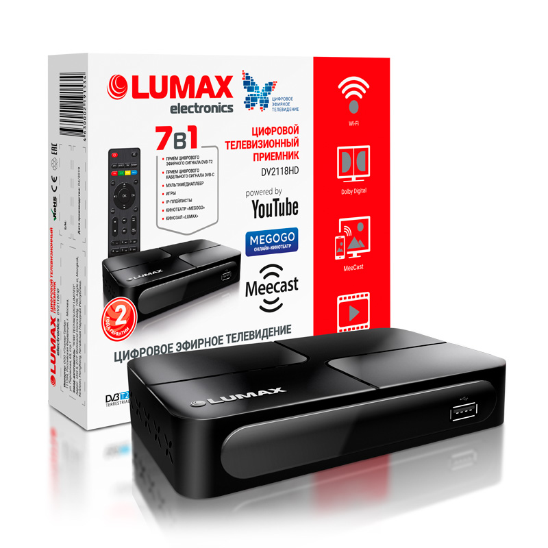 Цифровая TV приставка (DVB-T2) Lumax DV2118HD (Wi-Fi, DDig+, MeeCast, КинозалLUMAX, YouTube, бп)