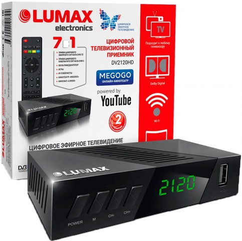Цифровая TV приставка (DVB-T2) Lumax DV2120HD (Wi-Fi, диспл, 4 кнопк,DolbyDig, MEGOGO, YouTube, бп)