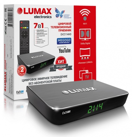 Цифровая TV приставка (DVB-T2) Lumax DV2114HD (GX3235S, диспл, Wi-Fi, YouTube, Megago, IPTV,AC3,бп)