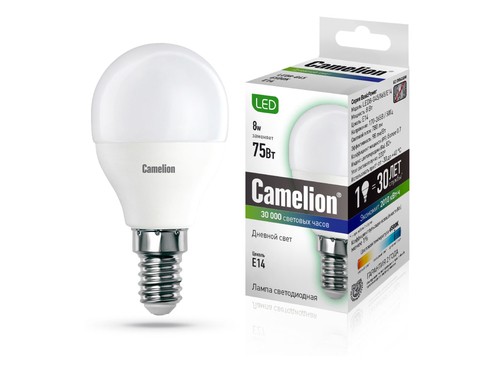 Эл. лампа светодиодная Camelion LED-G45- 8W-/865/E14(Шар 8Вт 220В, аналог 75Вт) уп.1/10/100