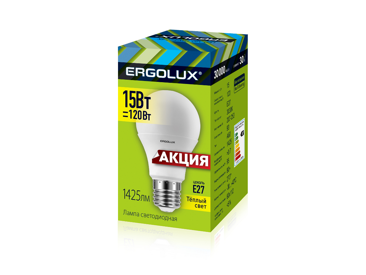 Эл. лампа светодиодная Ergolux LED-A60-15W-E27-3K (ЛОН 15Вт E27 3000K 172-265В,аналог  Вт) 10/уп