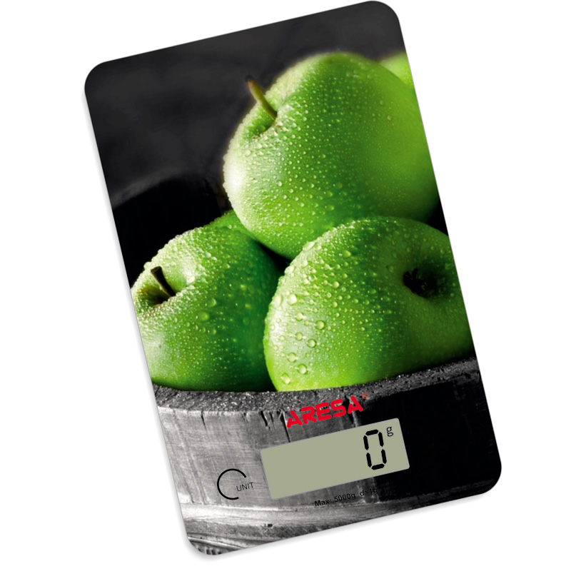 Весы кухонные ARESA SK-414 "Зелёные яблоки"  (5 кг/1г, электрон, слим, стекло, LCD дисплей) 12/уп