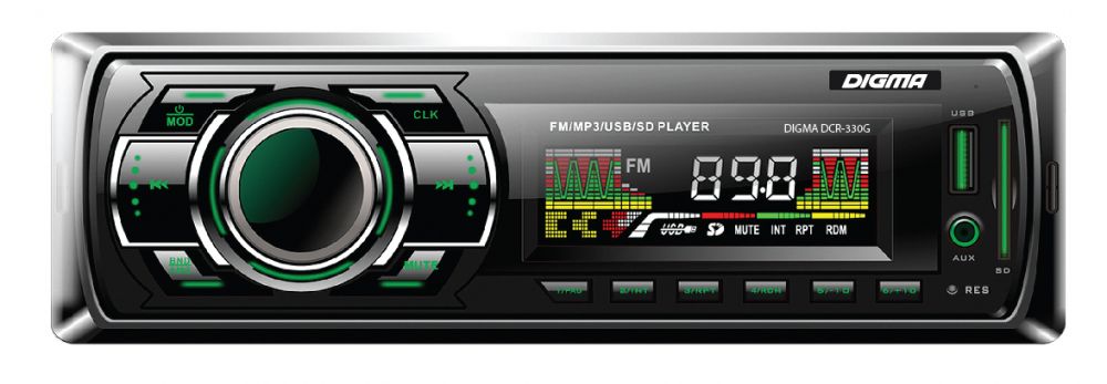Авто магнитола  Digma DCR-330G (USB/SD/MMC/AUX MP3 4*45Вт 18FM зел подсв)