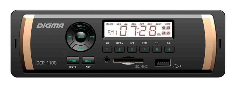 Авто магнитола  Digma DCR-110G (USB/SD/MMC/AUX MP3 4*45Вт 18FM син подсв)