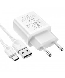 Блок пит USB сетевой  BOROFONE BA52A + кабельType-C Белый (5B, 2100mA, + кабель Type-C)USB Блоки питания, зарядки оптом с доставкой по России.